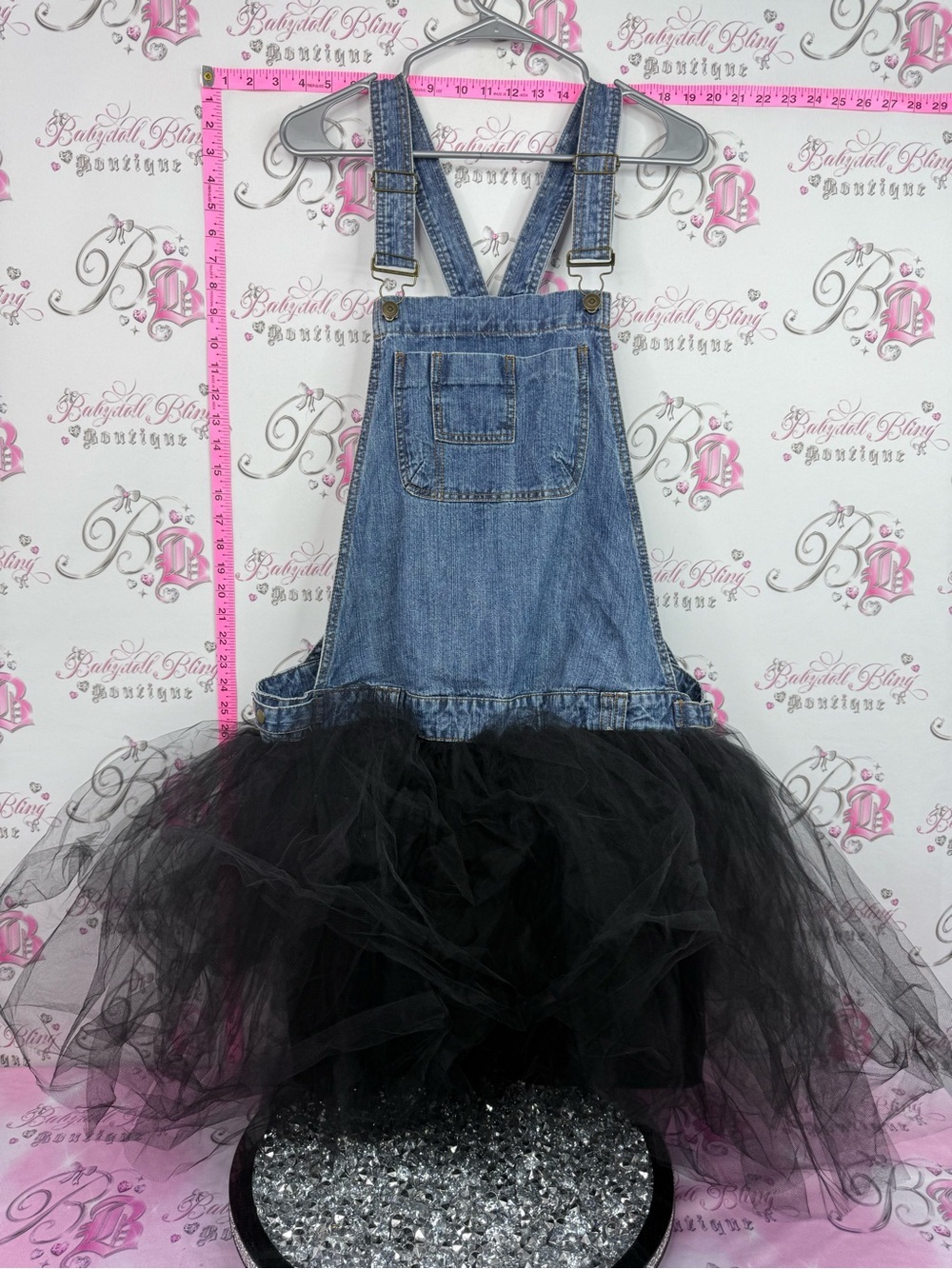 Urban Renewal Blue Denim Pinafore with Black Tulle Midi Skirt dress overalls